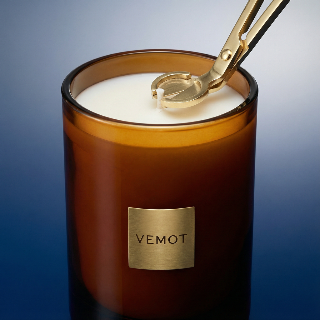 VEMOT candle with brass wick cutter on deep blue background