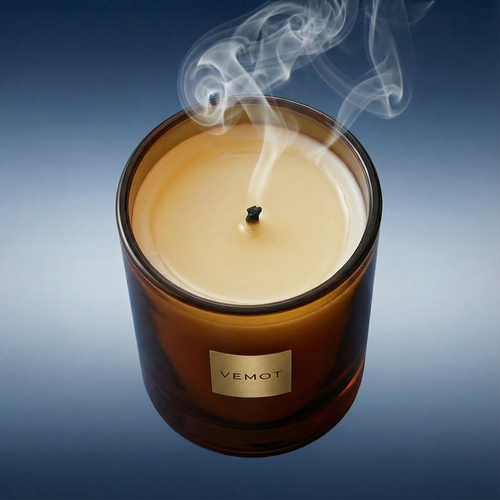 VEMOT scented candle with fully melted wax pool in glass jar