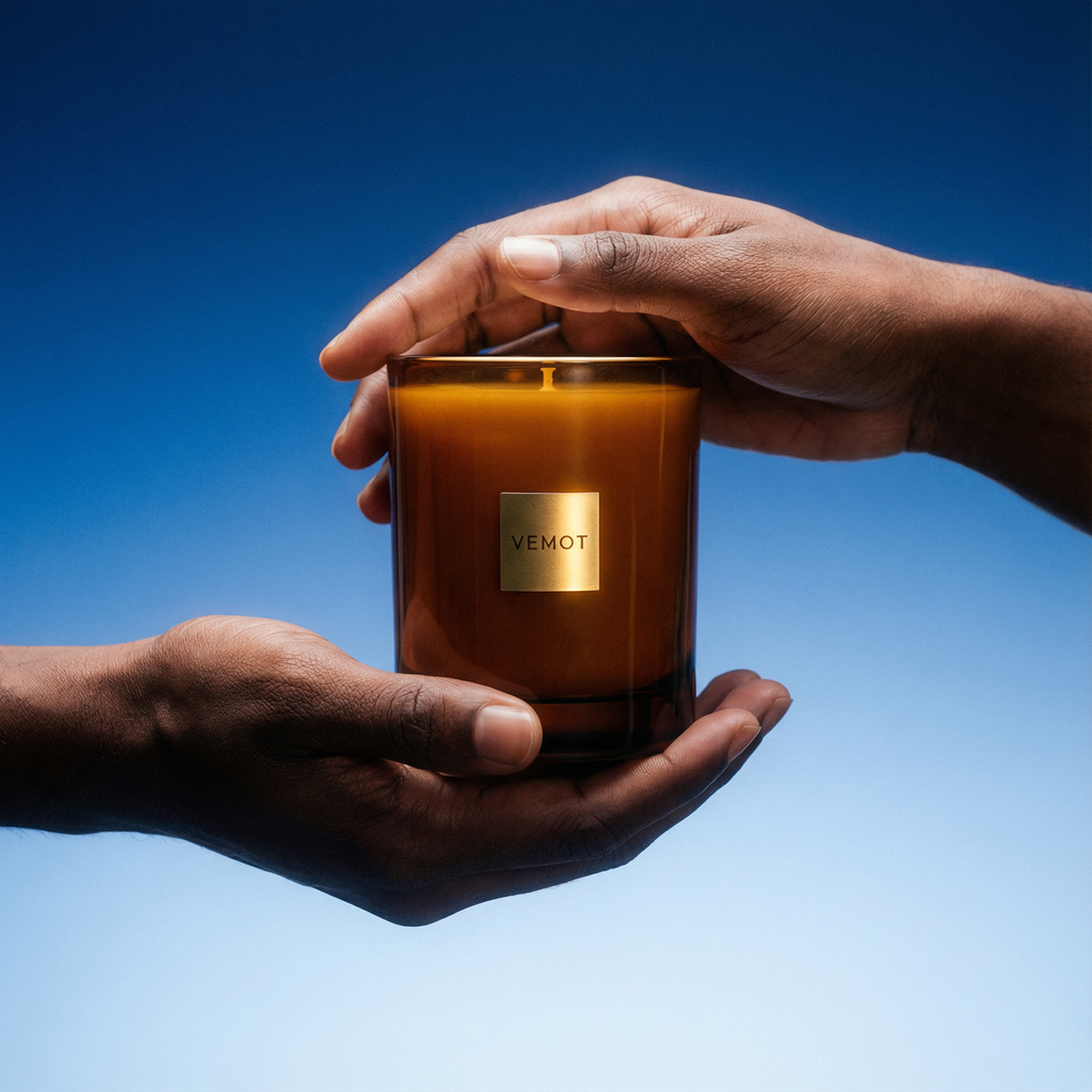 Hands holding VEMOT scented candle