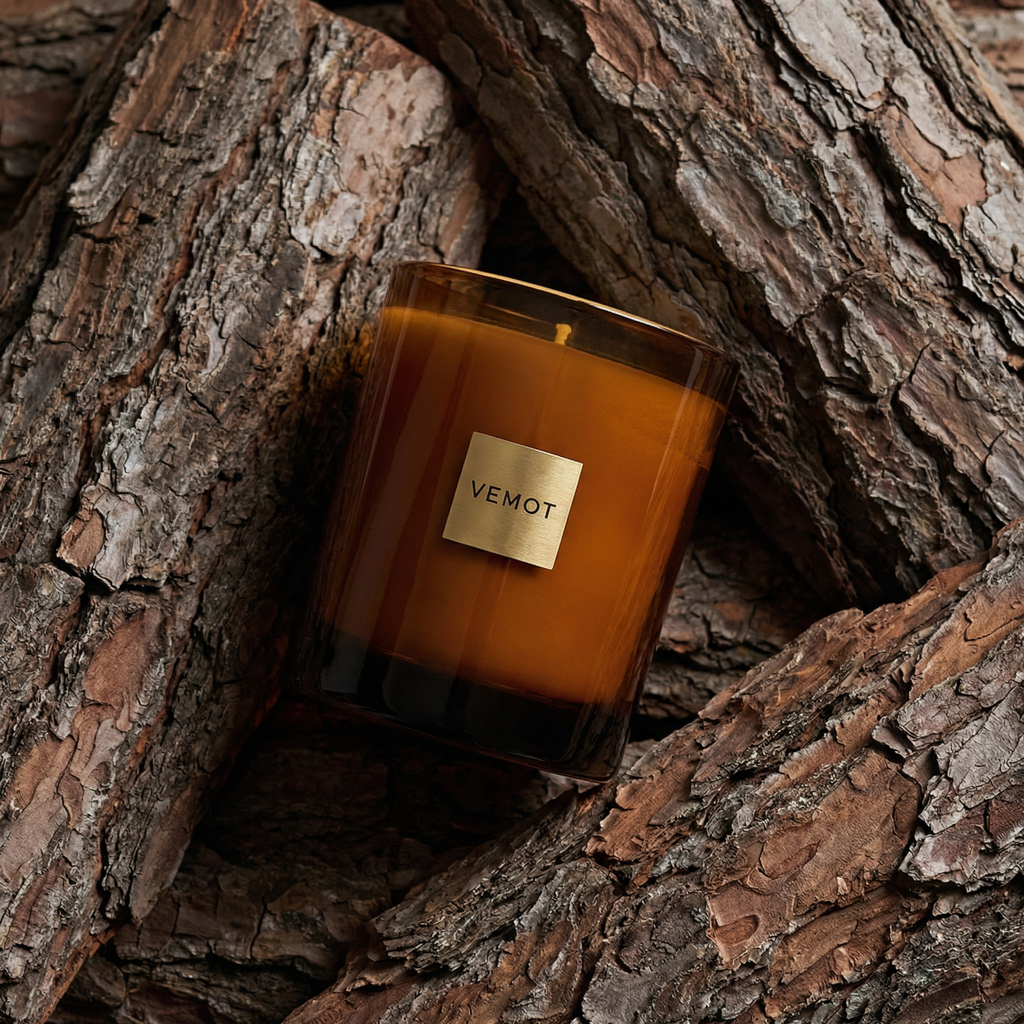 VEMOT Silent Green candle lying among pine and fir bark