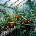 Three VEMOT Afterimage Garden candles standing among geranium and wild roses