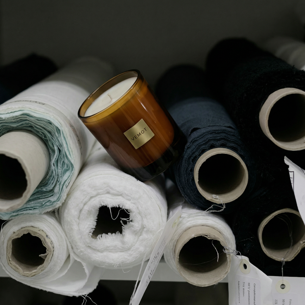 VEMOT Atelier 1887 candle lying among fabric rolls