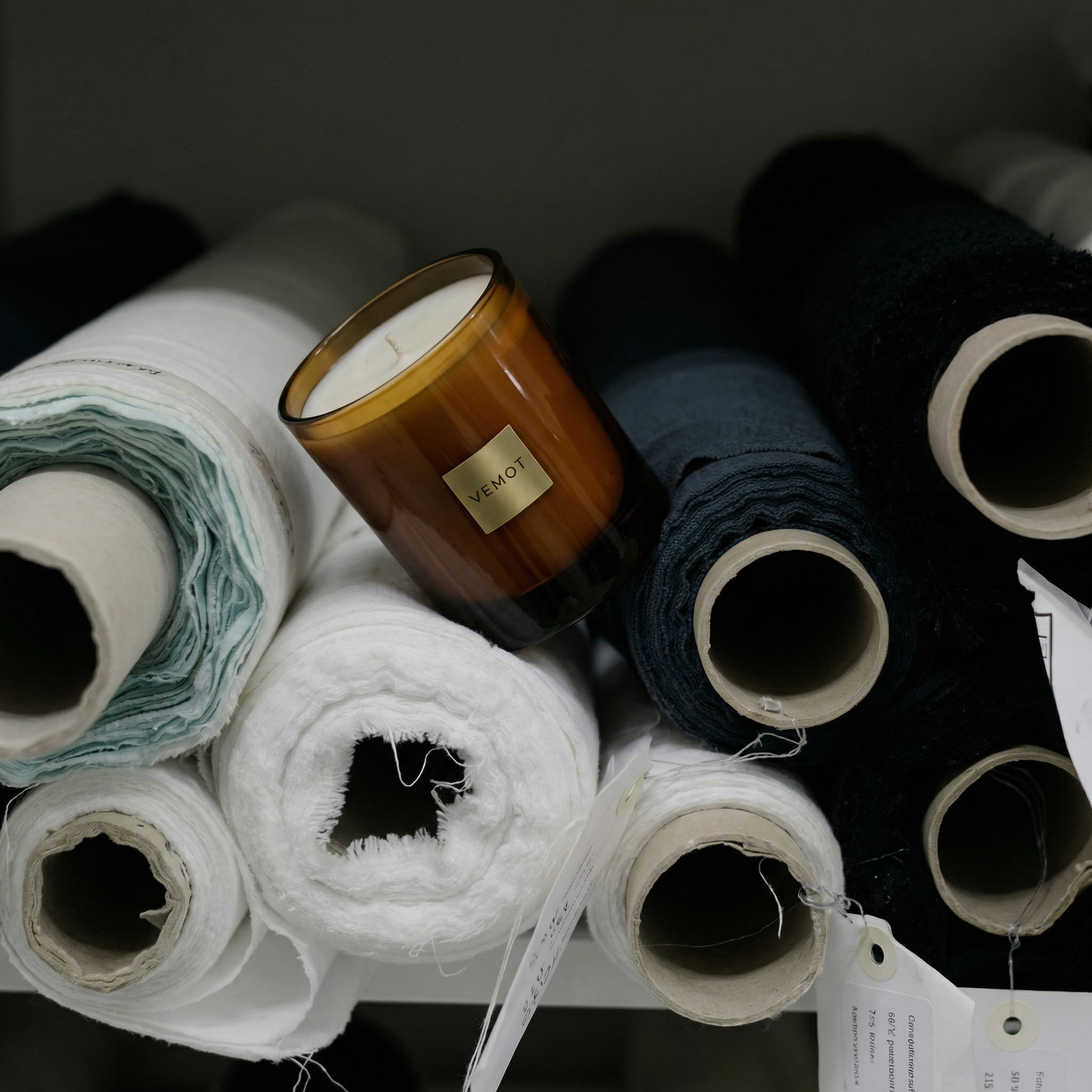 VEMOT Atelier 1887 candle lying among fabric rolls