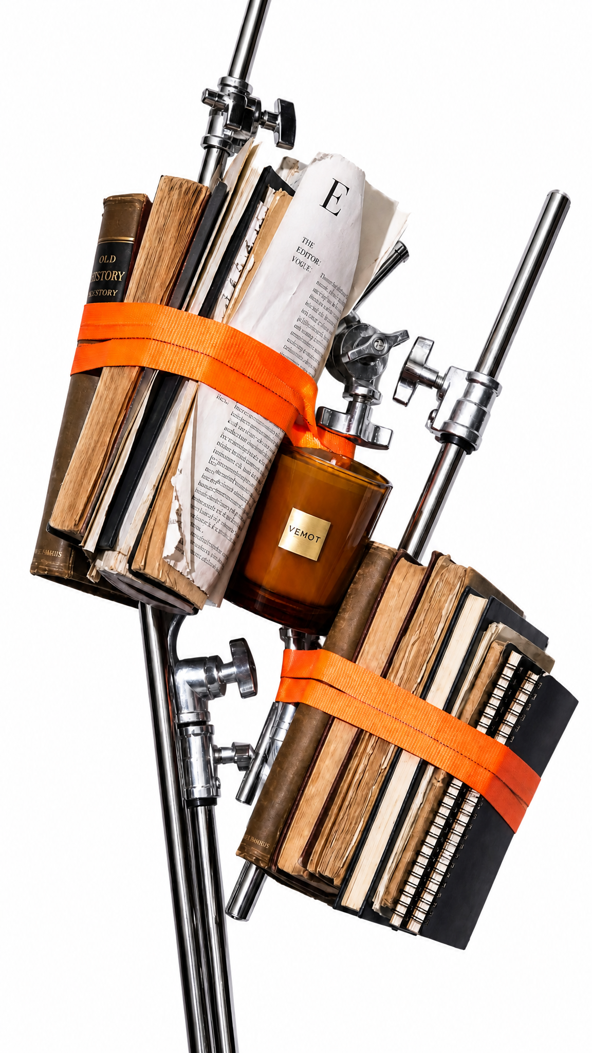 A decorative arrangement of books and papers wrapped with bright orange bands, attached to a black metal stand, isolated on a white background.